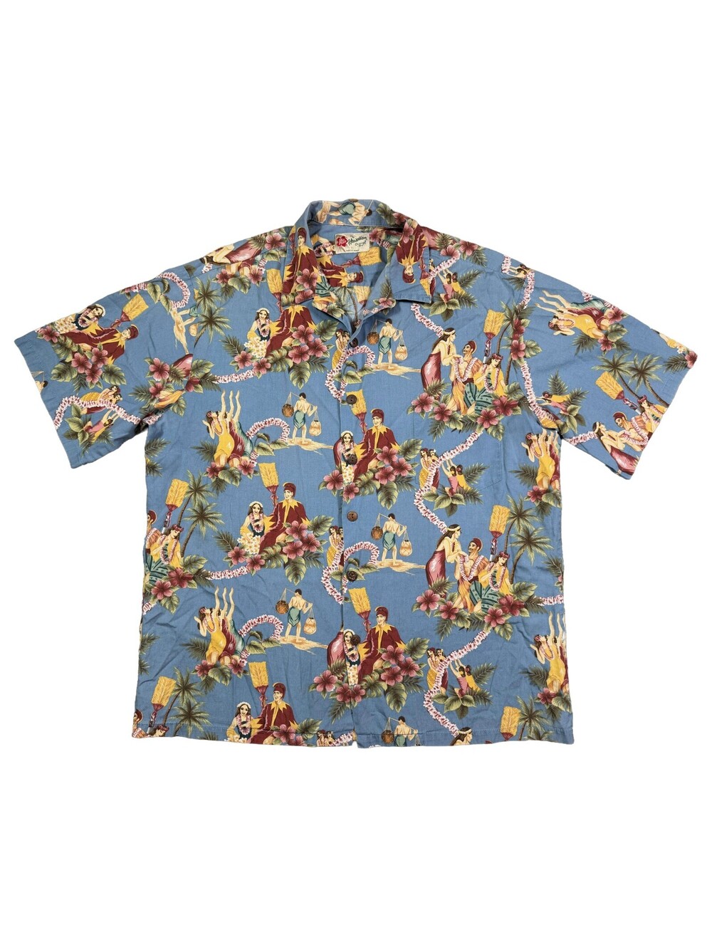 Hilo Hattie Hawaiian Shirt Mens XL Blue Hula Girl Aloha Made Hawaii Vintage